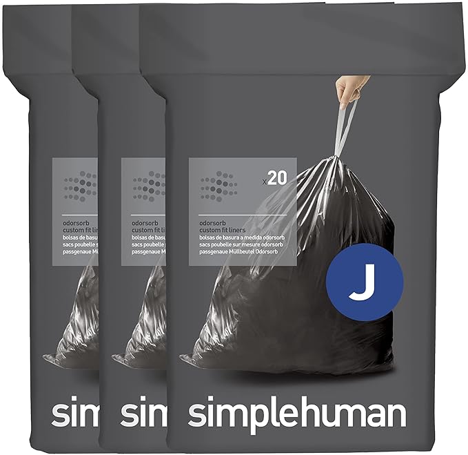 simplehuman Code J 60 Count, Genuine Odorsorb Custom Fit Liners, Drawstring