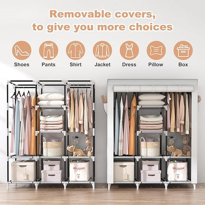 VTRIN Portable Closet Wardrobe for Hanging Clothes with 2 Hanging Rods and 8 Storage Organizer Shelves,Sturdy Large Wardrobe Closet for Bedroom Free Standing Clothes Rack with Cover,White