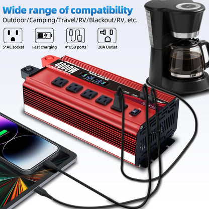 Cantonape 4000W Power Inverter 12V to 110V/120V DC to AC with LCD Display, Remote Controller 5 x AC Outlets and 4 x 3.1A USB Car Adapter for Car Truck Boat RV Solar System