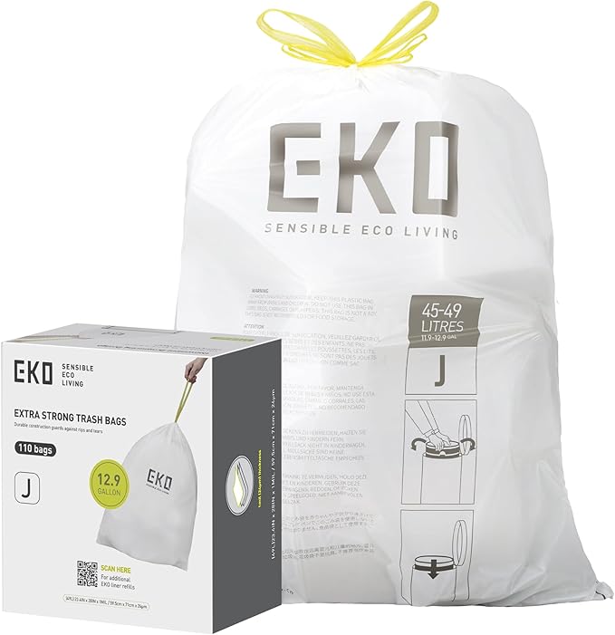 EKO 12.9 Gallon / 45-49 Liter, Extra-Strong Unscented Garbage Bags,