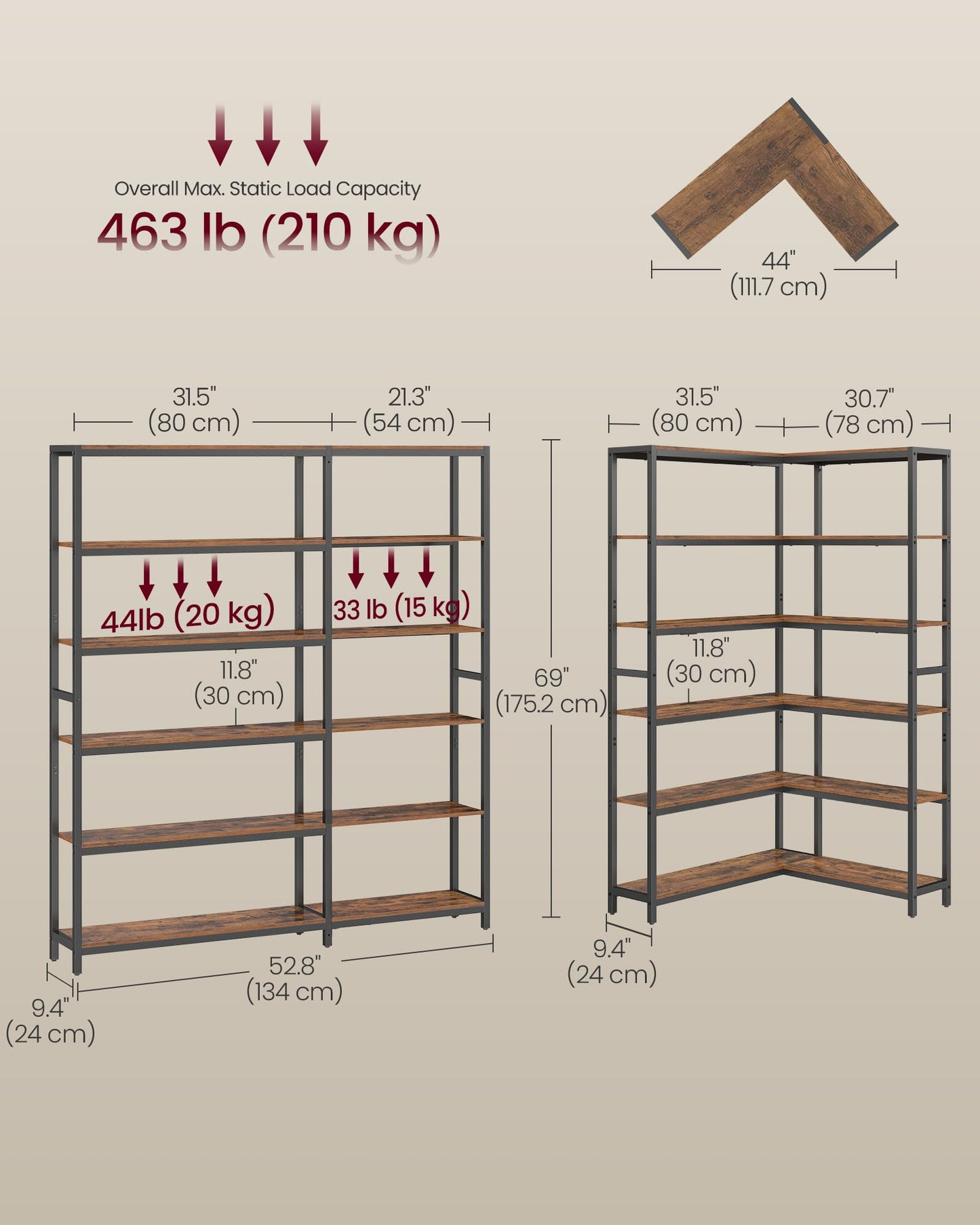 VASAGLE 6 Tier Bookshelf with Metal Frame, Convertible Industrial Corner Shelf, 9.4 x 52.8 x 69 Inches, for Living Room, Bedroom, Home Office, Rustic Brown and Ink Black ULLS806K01