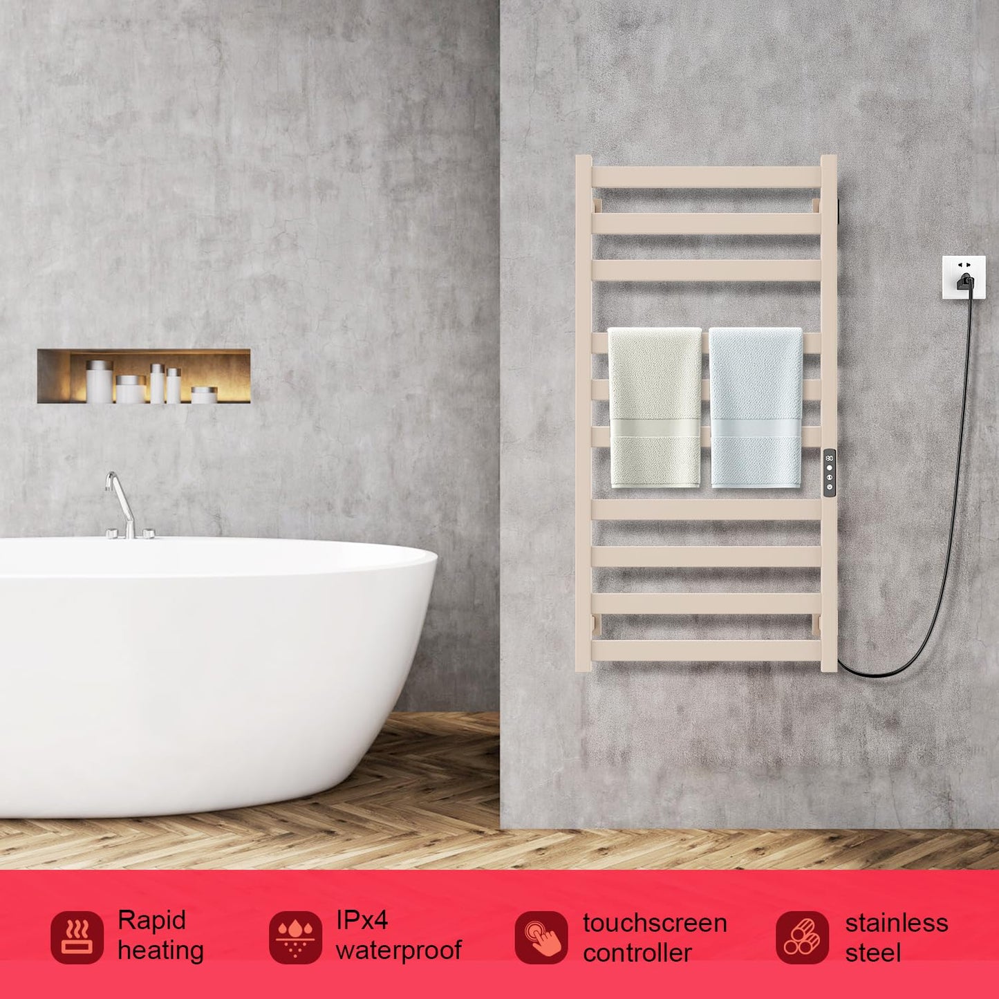 Towel Warmer,Stainless Steel Towel Warmer Rack for Bathroom -10 Bars Wall Mounted Towel Heater with Intelligent Touch Screen Timer, Hard Wired/Plug-in, Black