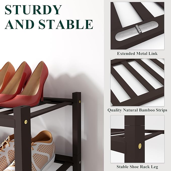 Smiry Bamboo Shoe Rack, 6 Tier Free Standing Wooden Shoe Organizer, Stackable Wood Shoe Storage Shelf for Closet, Entryway, 12 Vertical Slats, 2+2+2 Stack Standard Legs, 26.8"x11"x39", Brown