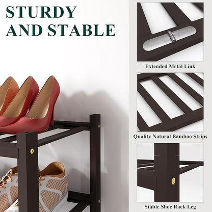 Smiry Bamboo Shoe Rack, 4 Tier Free Standing Wooden Shoe Organizer, Stackable Wood Shoe Storage Shelf for Closet, Entryway, 12 Vertical Slats, 2+2 Stack Standard Legs, 26.8"x11"x26", Brown