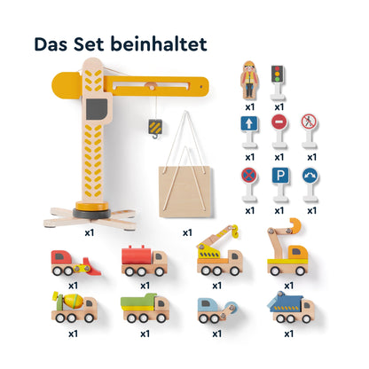 JERIDOO Interactive Wooden Construction Toy Crane, Rotating Base, Lifting Hook, with Vehicles, Excavator, Cement Mixer and Road Signs, 18-Piece Set for Toddlers 3-6, 8, Non-Toxic Wood, Parent-Designed