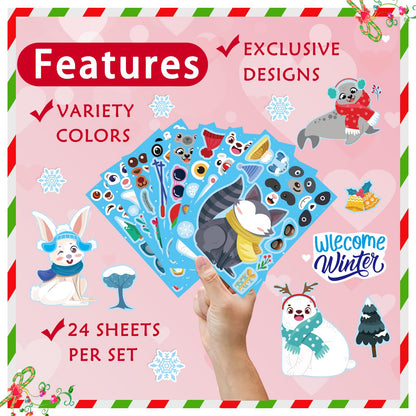 24 Sheets Winter Stickers for Kids Toddlers, Make-a-face Sticker Make Your Own Stickers 8 Designs of Animal Owl Penguin Snowman Bear Sticker Party Decorations Supplies