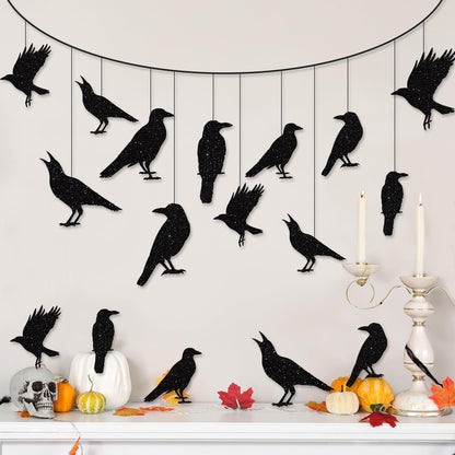 40pcs Glitter Black Crow Halloween Decorations Bird Raven Hanging Banners for Gothic Halloween Garland Backdrop Centerpiece Wall Cutouts for Horror Theme Birthday Wedding Yard Party Supplies