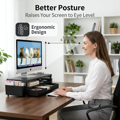 ECOLOVI Desk Organizer and Accessories, 2-Tier Computer Monitor Stand Rise with Storage Drawer & 2 Pen Holders, Laptop & Printer Stand for Desktop, Workspace Organizers for Office Supplies (Black 2-Pack))