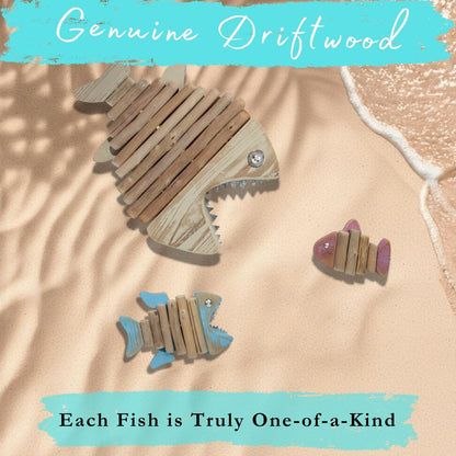 Driftwood Fish 3-in-1 Nautical Wall Decor - Handmade Wooden Rustic Coastal Wall Art for Living Room, Bedroom, Office, Bathroom - Ocean Beach Decoration (Skelly)