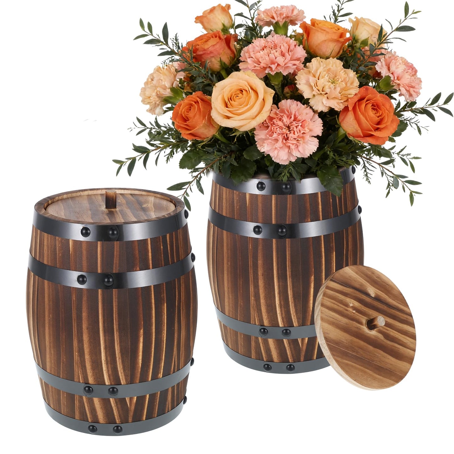 2 Pcs Wood Wine Barrel Vase Set Wooden Flower Planters Rustic Barrel Flower Vase Container for Home Indoor Outdoor Garden Kitchen Wedding Reception Party Table Decoration