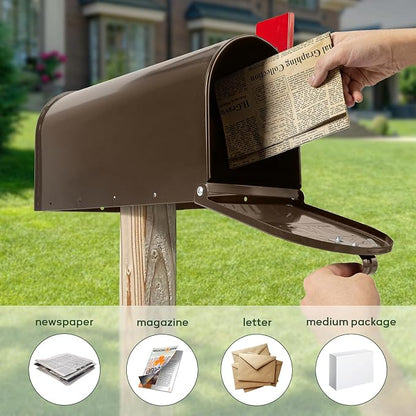 Brown Mailboxes for Outside, RAINHOL Post Mount Mailbox, Galvanized Steel Medium Capacity Mail Boxes, 19 x 8.7 x 6.7 Inches