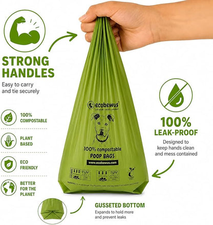 100% Compostable Handle-Tie Doggy Poop Bags (240 Bags) 16 Refill Rolls Plant-Based Cornstarch ASTM D6400 & EN 13432 Compliant HOME Certiified Compostabel Pet Dog Waste Bags (240 ct.)