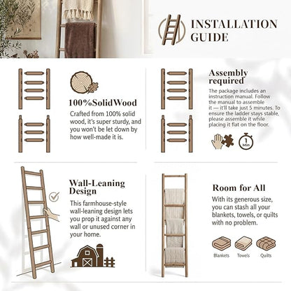 Wooden Blanket Ladder - 76in Natural Wood Color- Leaning Wall Decor for Bedroom, Bathroom, Living Room - Rustic Quilt Holder (Natural Wood Color (Knock Down), 76in(7-Rung) | Knock Down)