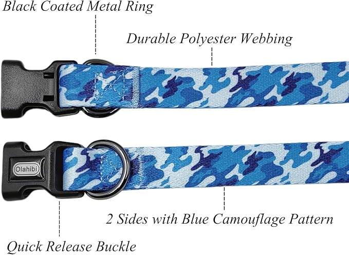 Dog Collar Leash Set, Camouflage Pattern, Polyester Material, Adjustable Collar and 5ft Matching Leash, for Large Dogs.(L, Blue Camo)