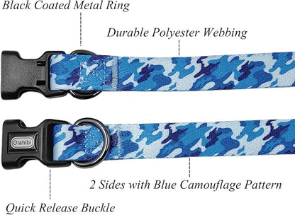 Dog Collar Leash Set, Camouflage Pattern, Polyester Material, Adjustable Collar and 5ft Matching Leash, for Small Dogs.(S, Blue Camo)