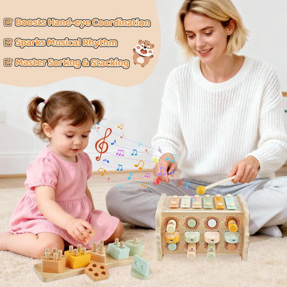 Wooden Montessori Toys for 1 Year Old, Sorting & Stacking Toys, Pounding Hammering Toy with Xylophone & Fishing Game, Car Ramp Toy 3 in 1 Wooden Toddler Toys 1 2 3 for Boys Girls Birthday Gifts