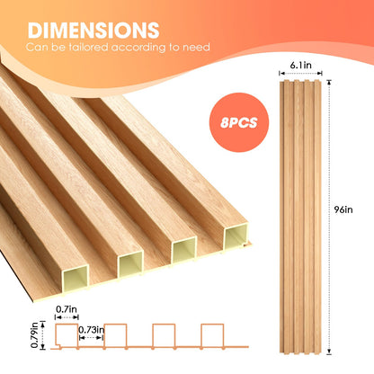 OUZUGIE WPC Acoustic Slat Wall Paneling, 8-Pack 96 x 6 Inches 3D Wall Panels for Interior Wall Decor,Living Room,TV Background,Study Room,Office Spaces,Bedroom,High Grille (Oak)