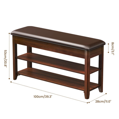 LBT Shoe Bench with Storage, Solid Rubberwood Shoe Rack Bench for Entryway, Adjustable 6.3" Shelf Fits High-Top Shoes & Boots, Hidden Storage Compartment, Cushion Seat, Stay-Open Hinge, Walnut