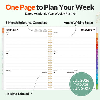 SUNEE Academic Planner 2026-2027 – Weekly & Monthly Planner, July 2026 to June 2027, 8.5"x11", Thick Paper, Tabs, Pockets, Bookmark, Spiral-Bound, Student Teacher Organizer, Greenery