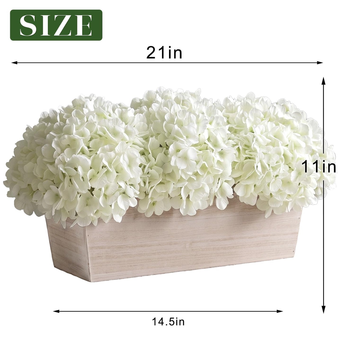 21" Large Artificial Hydrangea Arrangement in Planter for Table Centerpiece, Lifelike Fake Hydrangea Potted Plant, Silk Faux Flowers in Wood Planter for Farmhouse Home Office Shower Decor (White)