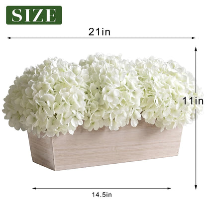 21" Large Artificial Hydrangea Arrangement in Planter for Table Centerpiece, Lifelike Fake Hydrangea Potted Plant, Silk Faux Flowers in Wood Planter for Farmhouse Home Office Shower Decor (White)