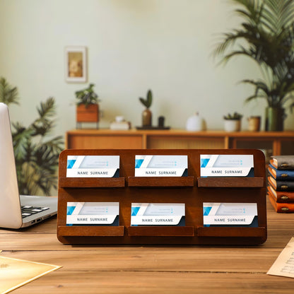 Leinuosen 2 Tie Wood Business Card Holder for Desk 6 Slot Wooden Business Card Display Stand Multiple 2 Tie Detachable Organizer for Desktop Office Home Exhibition Meeting (13 x 6.3 Inch)