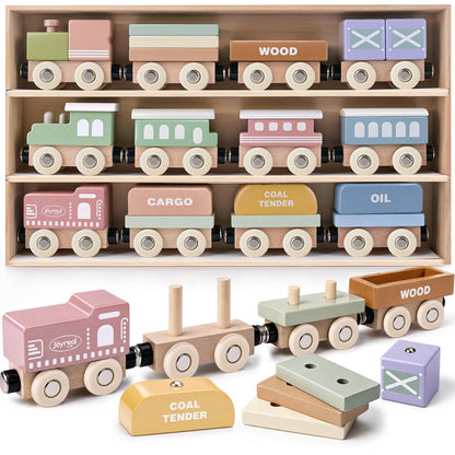 Wooden Train Set for Toddlers, 12PCS Montessori Magnetic Train Cars with Storage Gift Box, Compatible with Major Brands, Wooden Baby Stacking Blocks Toy, Birthday Gift for Boys Girls Ages 1-3 3-5+