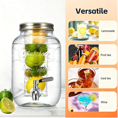 2 Gallon Drink Dispensers for Parties, 2 Pack Glass Beverage Dispenser with Stand & 18/8 Stainless Steel Spigot, Lemonade Jug for Wedding, Picnic, BBQ