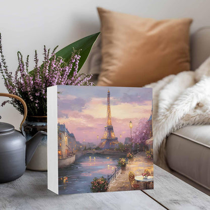 Eiffel Tower Wood Box Sign Desk Decor, Modern Purple Sunset Bridge River Night View Decorative Wooden Block Box Sign Decorations for Home Office Shelf Table Decor 6x6 Inches