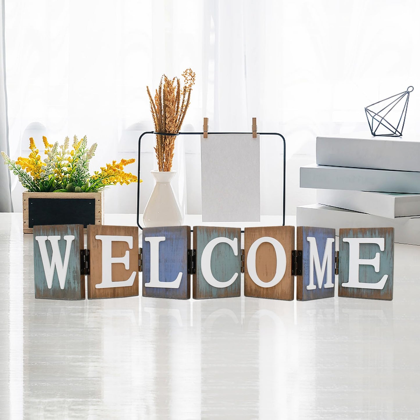 Linfevisi Wooden Welcome Sign Table Decor Wood Welcome Letters Sign Folding Rustic Wooden Word Signs for Living Room Kitchen Entryway Mantel Fireplace Shelf House Home Decoration 21.3X4 Inch