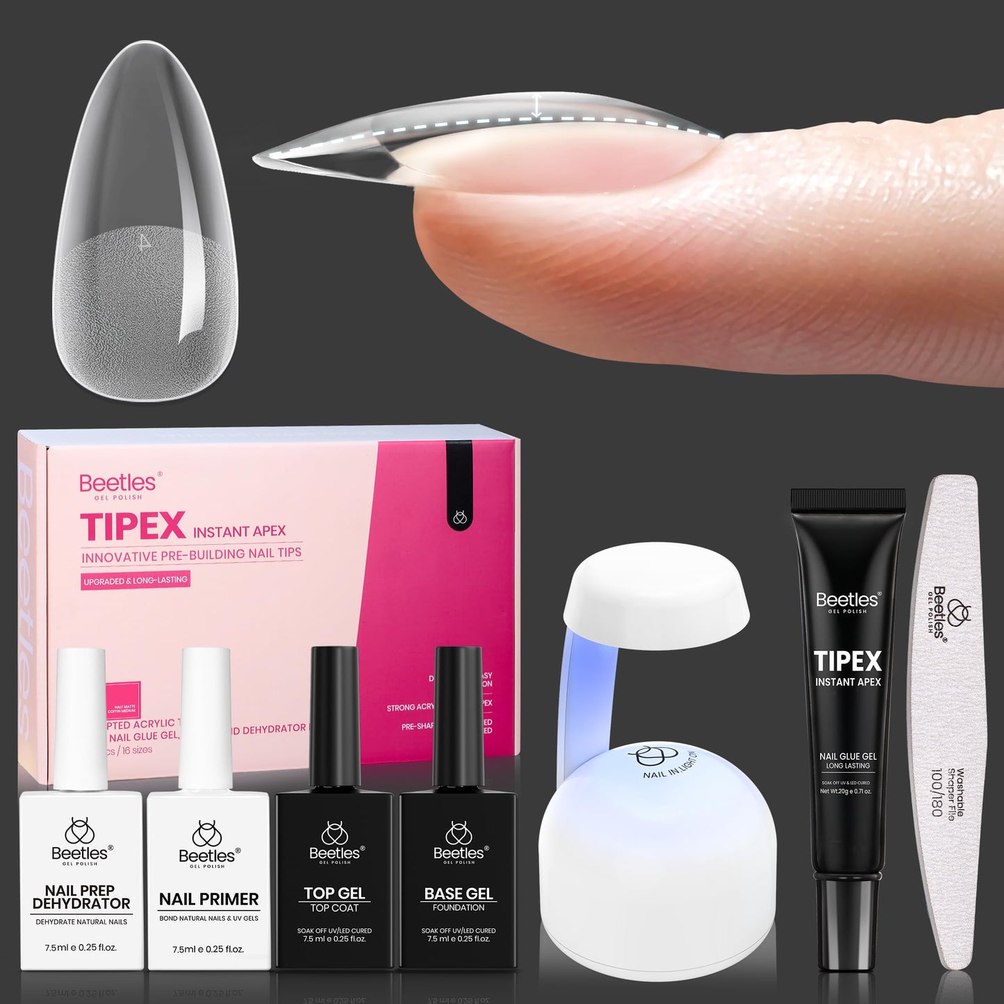 Beetles Tipex Instant Apex Nail Tips Kit, Coffin Long 224Pcs 16 Sizes Pre-Building & Pre-Etched Thicker Acrylic Nails False Nail Extension with Tipex Nail Glue Mini Nail Lamp