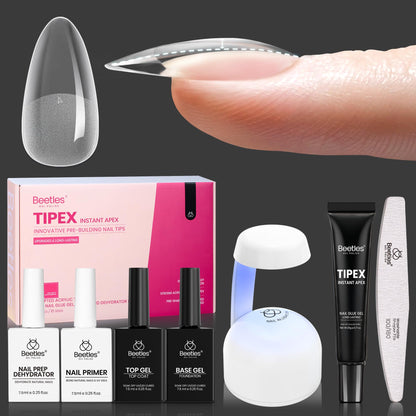 Beetles Tipex Instant Apex Nail Tips Kit, Coffin Long 224Pcs 16 Sizes Pre-Building & Pre-Etched Thicker Acrylic Nails False Nail Extension with Tipex Nail Glue Mini Nail Lamp