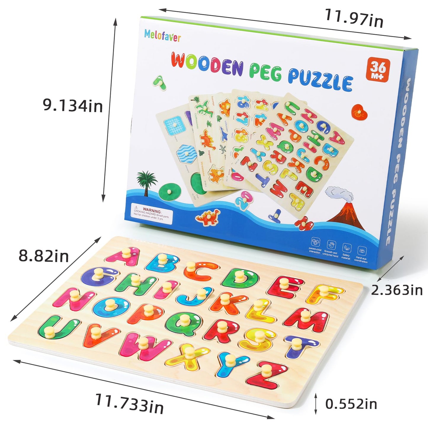 Melofaver Montessori Wooden Peg Puzzles for Toddlers 3 4 5 Year Old, 4 Pcs Kids Educational Toys Preschool Learning Activities-Alphabet, Shape, Number and Dinosaur, Baby Puzzle Gifts for Boys Girls