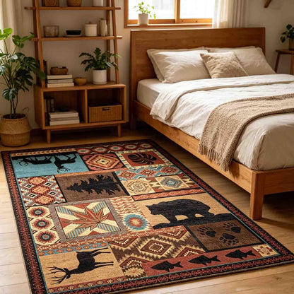 Washable Area Rug 3x5, Rustic Lodge Bear Rugs for Entryway Non Slip Low Pile Southwestern Area Rugs Vintage Large Soft Carpet for Bedroom Office Kitchen Dining Room