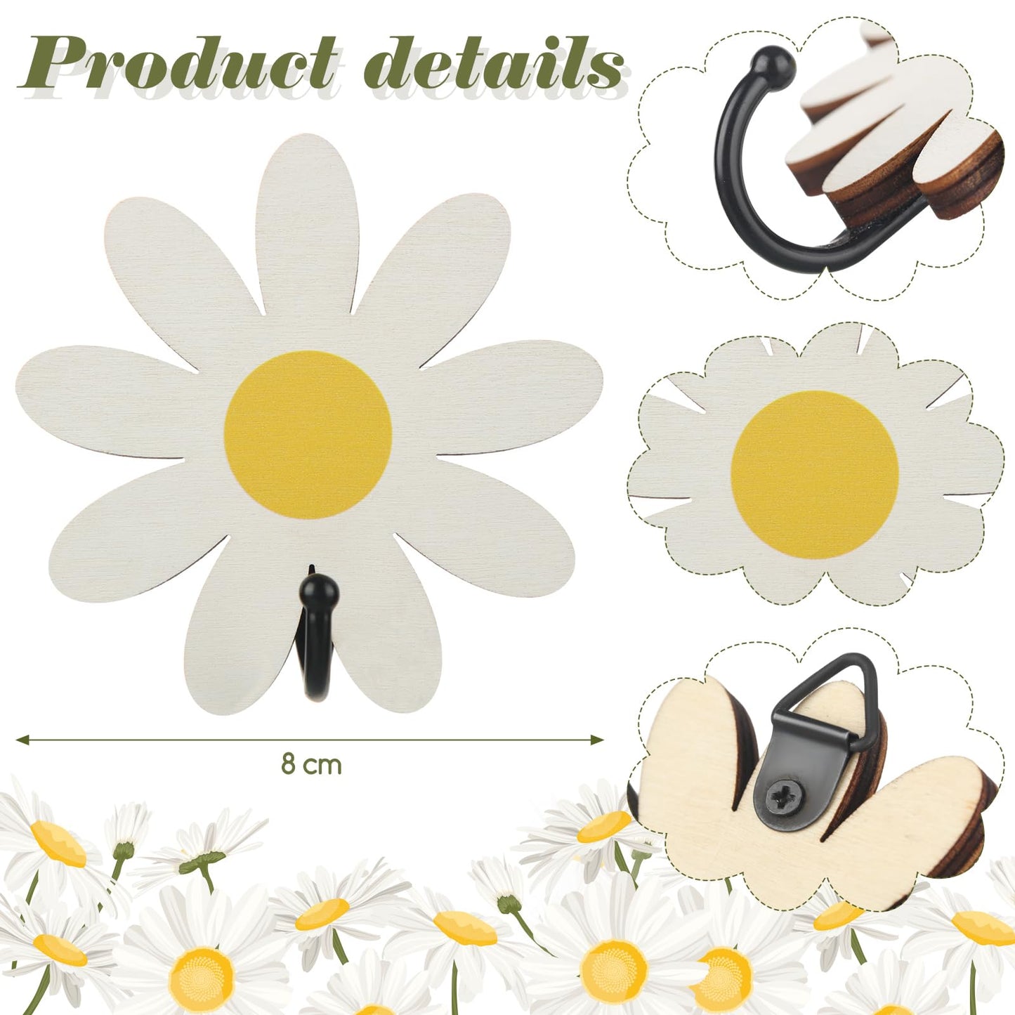 Thyle 4 Pcs Daisy Adhesive Wall Hooks Kids Bathroom Flower Hooks White Yellow Flower Wall Sticky Decor Cute Small Wooden Baby Nursery Hangers for Towels Boys Girls Bathroom Bedroom Kitchen Robe Hat