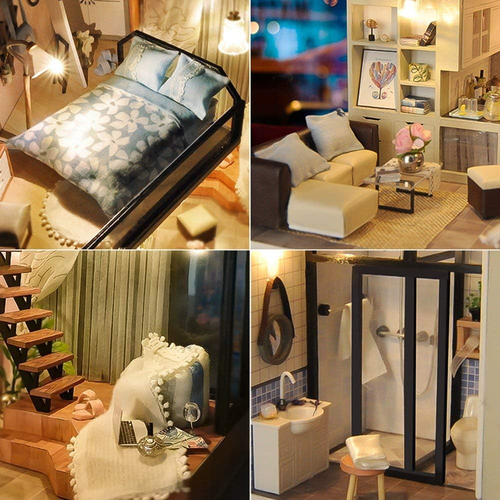 UniHobby DIY Dollhouse Kit with Dust Proof Cover 1:24 Scale Wooden Toy Gift