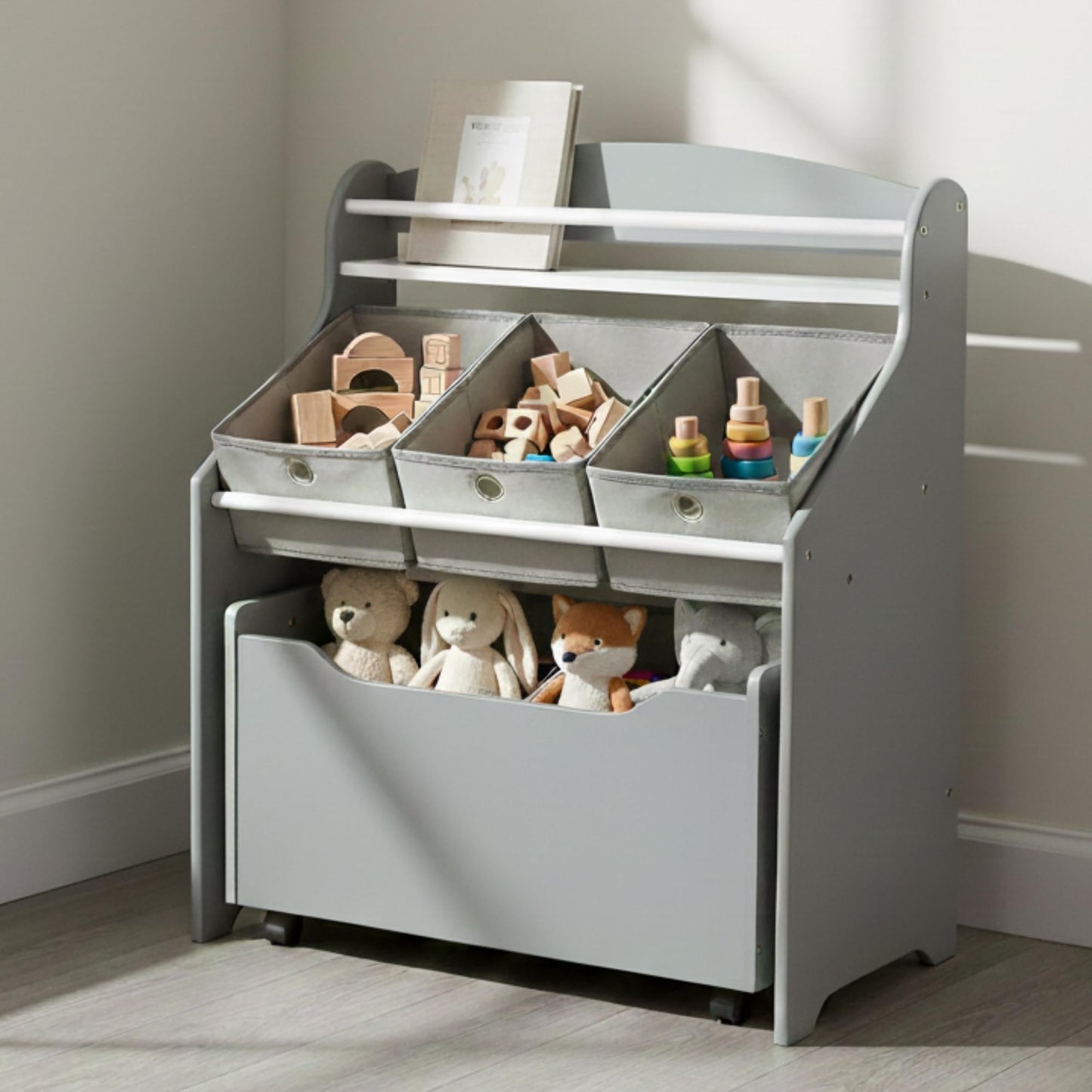 Humble Crew 3-in-1 Kids Bookshelf and Toy Storage Organizer, Bookcase with Rolling Toy Box and 3 Fabric Storage Bins, Wooden Nursery & Playroom Organizer, Grey/Grey