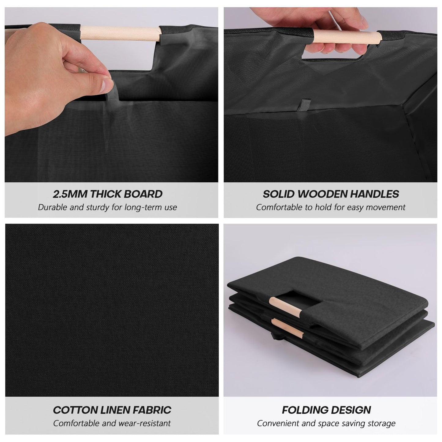 LaMorée Fabric Storage Bin Box Foldable Cotton Linen Storage Basket with Wooden Handles Rectangular Cube Decorative Home Laundry Organizer Clothes Blanket Container – Black, Large