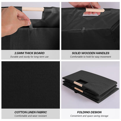 LaMorée Fabric Storage Bin Box Foldable Cotton Linen Storage Basket with Wooden Handles Rectangular Cube Decorative Home Laundry Organizer Clothes Blanket Container – Black, Large