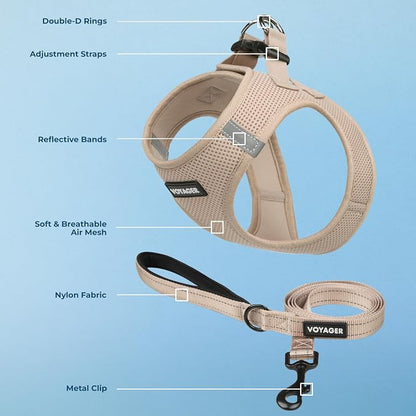 Best Pet Supplies Voyager Step-in Air All Weather Mesh Harness and Reflective Dog 5ft Leash Combo with Neoprene Handle, for Small, Medium and Large Breed Puppies - Khaki, M