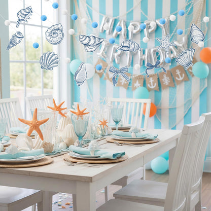 Frienda 3 Pcs Seashell Blue and White Felt Ball Garland Pom Pom Banner Carnival Themed Felt Ball Decoration for Backdrop Birthday Luau Mexican Tropical Party Christmas Decoration