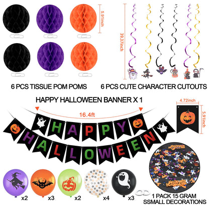 Happy Halloween Decorations Banner Supplies, Boo Classroom Hanging Cute Decoration Kit Dots Hanging Garland Honeycomb Ball Swirl Streamers for Halloween Party Decor Indoor Adult