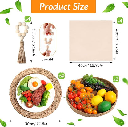 4 Sets Boho Decoration Placemats Round Woven Placemats, Cloth Napkins, Wood Bead Napkin Rings, Long Table Runner and Farmhouse Burlap Cotton for Table Kitchen (Khaki,12x72)