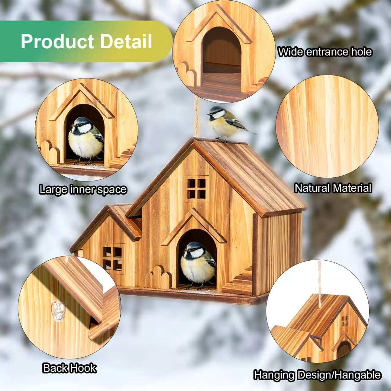 BlueYu Bird Houses for Outside, Wooden Hanging Birdhouse with Spacious Space, Outdoor Bird Nest for Bluebirds, Finches, Yellow Finches, Garden Decorative