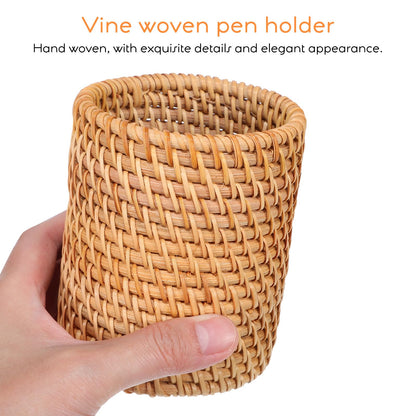 Lurrose 2pcs Rattan Pencil Holder Handmade Pen Cup Wicker Makeup Brushes Holder Woven Vine Pen Container Desk Organizer for Home Office Desktop Kitchen Utensil