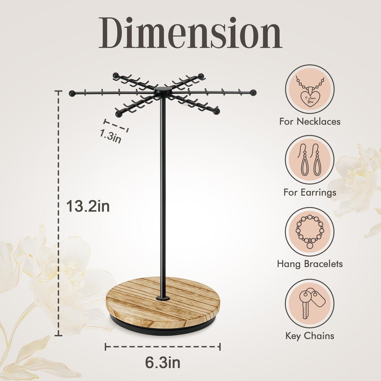 Poyilooo Necklace Holder Jewelry Stand, Rotating Necklace Holder Organizer with 48 Hooks for Necklace Earring Keychains Bracelet Display Stand, Metal Necklace Tree Stand -Gifts for Women (Black)
