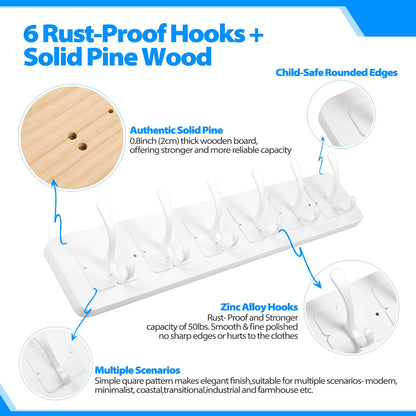 VIEBSOTG Solid Pine Wooden Wall-Mounted Coat Rack - Rustic Entryway Organizer with 6 Zinc Alloy Hooks, Space Saving Wall Coat Hanger for Jackets, Hats, Bags, Towels & Robes (White, 6 Double Hooks)