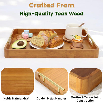Fopeat Solid Teak Wood Serving Tray with Handles, 20"x14"x2" Large Ottoman Tray for Living Room Kitchen Party, Decorative Rustic Rectangular Tray for Home Coffee Table Breakfast Dinner Bar