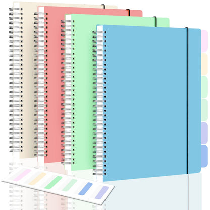 Spiral Notebook, College Ruled Notebook Journal, 4 Pack Large B5 Lined Notebooks for Work, School, Notes Taking, 8" x 10" Subject Notebook, 560 Thick Paper, 24pcs Index Tabs, Assorted Pastel Notebook
