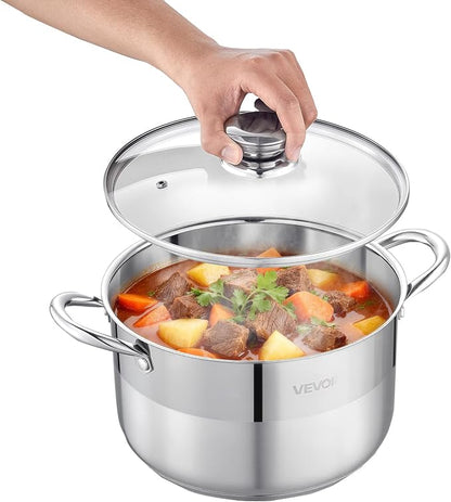 VEVOR Stainless Steel Stock Pot, 8QT Stainless Steel Stockpot with Glass Lid, PFOA-Free, PFAS-Free, Compatible with Gas Stoves, Induction Cooktops, Electric Stoves, for Soups, Stews, and Pasta